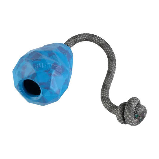 A blue pool-colored Ruffwear Huck-a-cone toy with a charcoal rope handle, shown from a side angle against a white background.