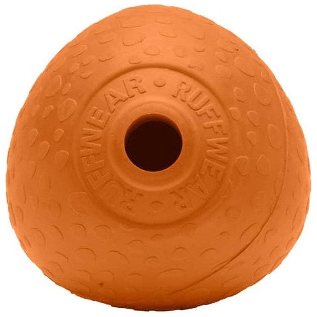 A top - down view of the Ruffwear Huckama dog toy in Campfire Orange with a textured surface and a central hole.