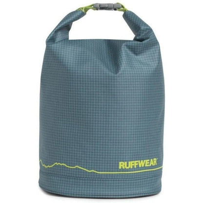 A front view of the Ruffwear Kibble Kaddie in Slate Blue with a grid pattern and yellow logo against a white background.