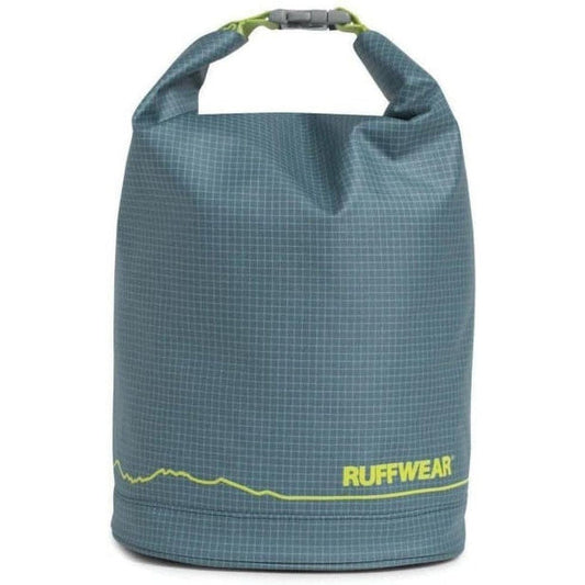 A front view of the Ruffwear Kibble Kaddie in Slate Blue with a grid pattern and yellow logo against a white background.