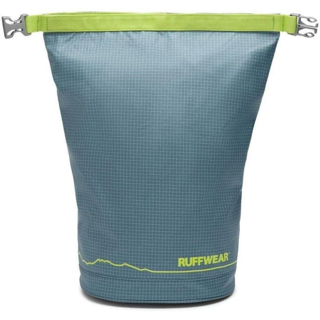 A front view of the Ruffwear Kibble Kaddie in Slate Blue showing the green top closure and logo on the bottom.
