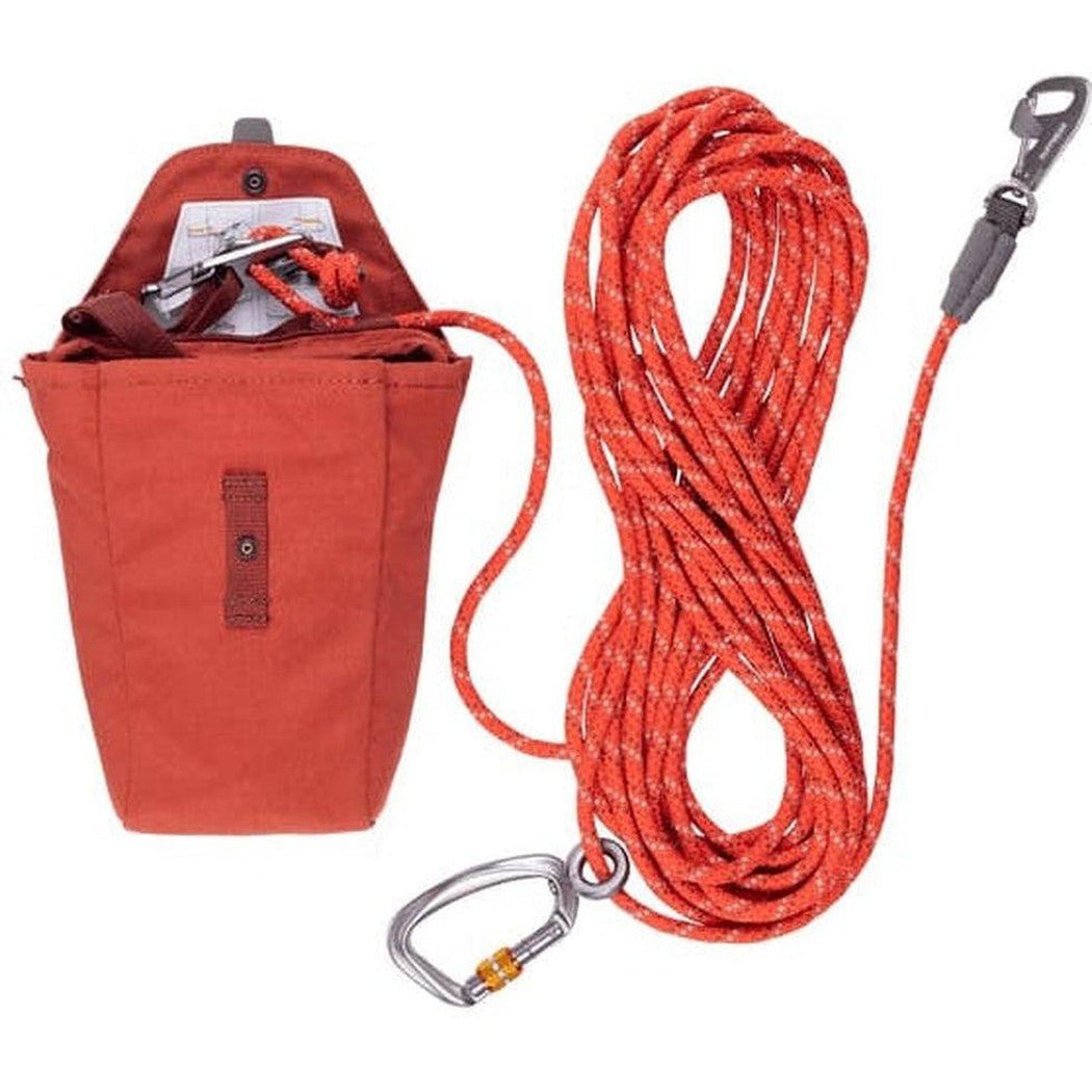 Red Clay Ruffwear Knot-a-hitch leash with carabiner and attached pouch shown from front angle.