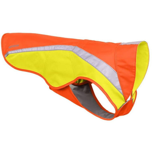 Side view of the Ruffwear Lumenglow High-vis Jacket in Blaze Orange showing the reflective strip and gray trim against a white background.