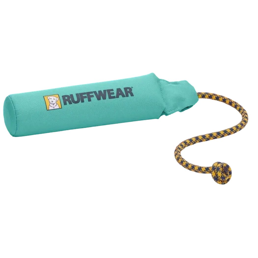Aqua teal Ruffwear Lunker dog toy with a yellow and black rope and ball attached, shown from a side angle against a white background.