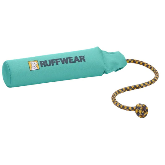 Aqua teal Ruffwear Lunker dog toy with a yellow and black rope and ball attached, shown from a side angle against a white background.