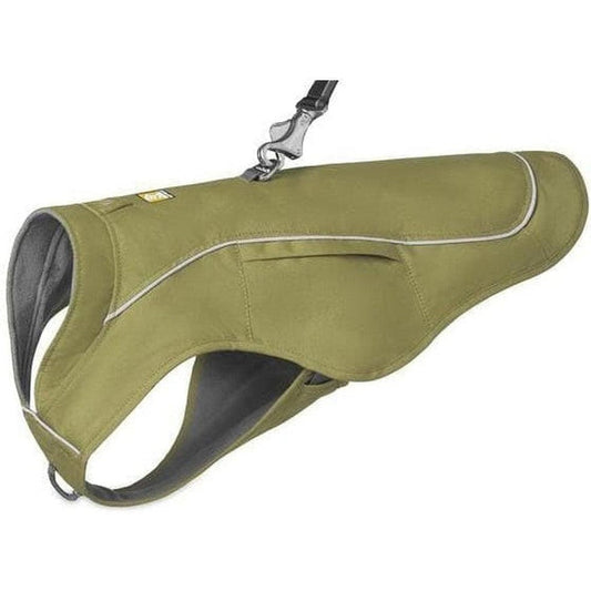 Side view of the Ruffwear Overcoat Fuse Jacket in Cedar Green showing the front zipper and gray interior lining against a white background.
