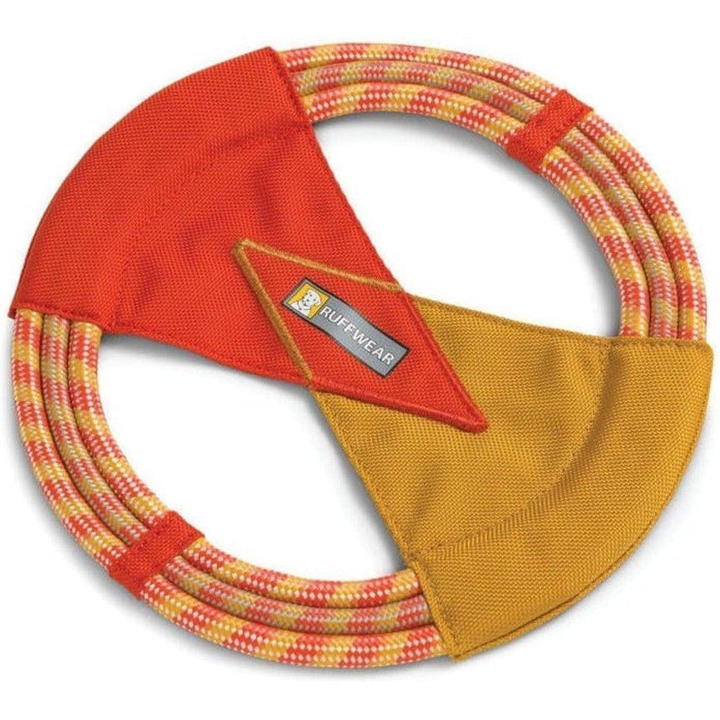 A top-down view of the Ruffwear Pacific Ring Toy in Sockeye Red showing the rope and fabric sections against a white background.