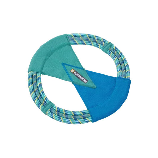 A side view of the Ruffwear Pacific Ring Toy in Sockeye Red showing the braided rope and fabric sections against a white background.