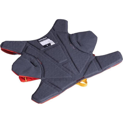 A top-down view of the Ruffwear Palisades Pack in Red Sumac showing the padded design and yellow buckle against a white background.