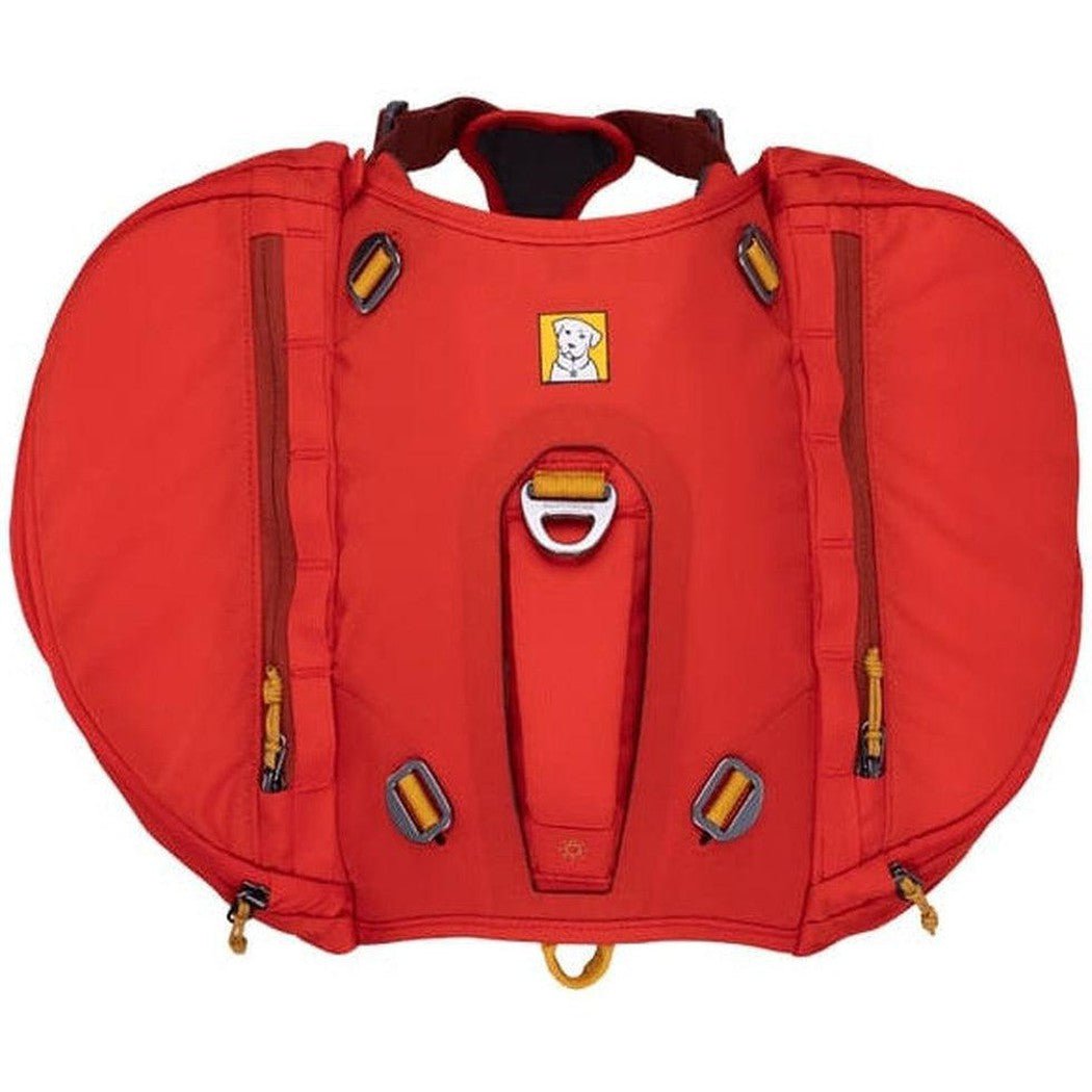 Red Sumac Ruffwear Palisades Pack shown from front with visible straps and buckles against a white background.