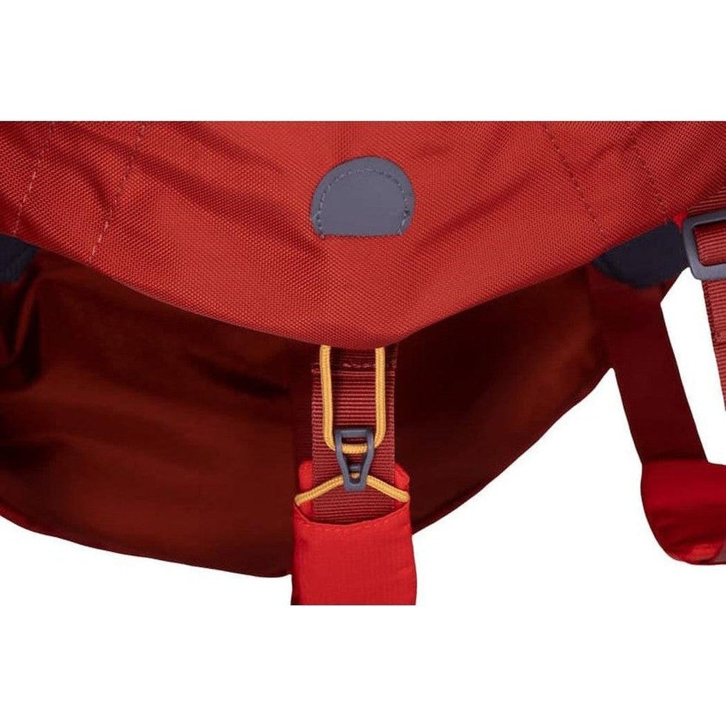 The Ruffwear Palisades Pack in Red Sumac shows the front buckle and strap detail against a white background.