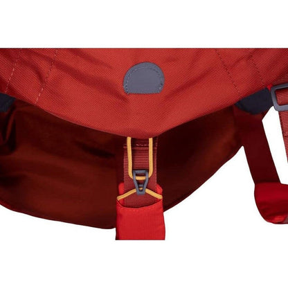 The Ruffwear Palisades Pack in Red Sumac shows the front buckle and strap detail against a white background.