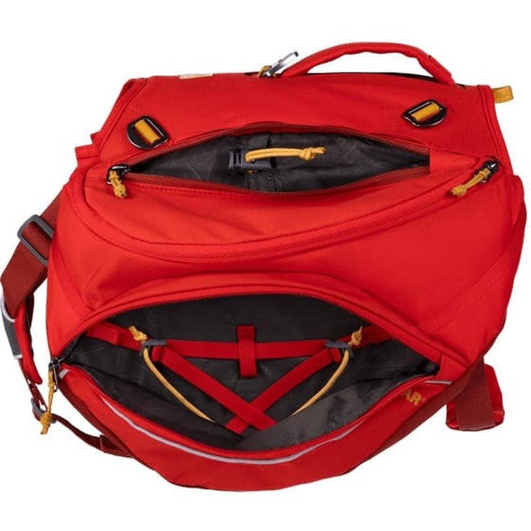 Back view of the Ruffwear Palisades Pack in Red Sumac showing the top compartment and internal straps against a white background.