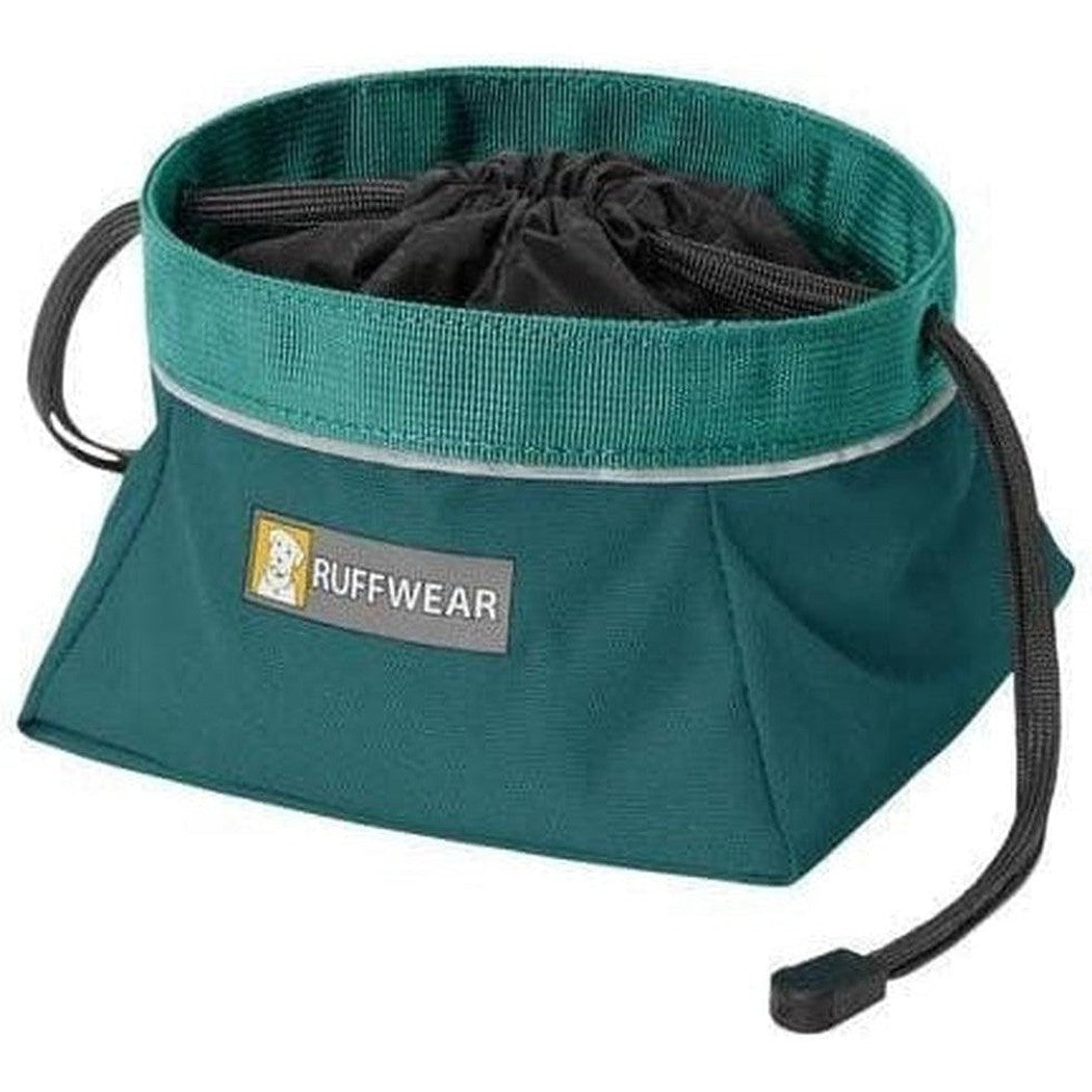 A top-down view of the Ruffwear Quencher Cinch Top Bowl in Tumalo Teal showing the cinched top and drawstring closure.