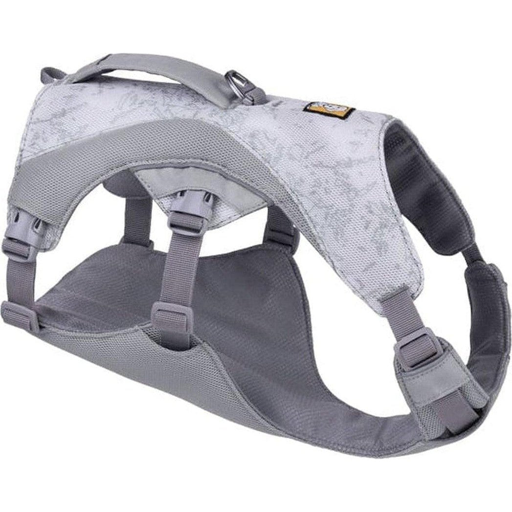 A front view of the Ruffwear Swamp Cooler Harness in Graphite Gray showing its padded straps and adjustable buckles against a white background.