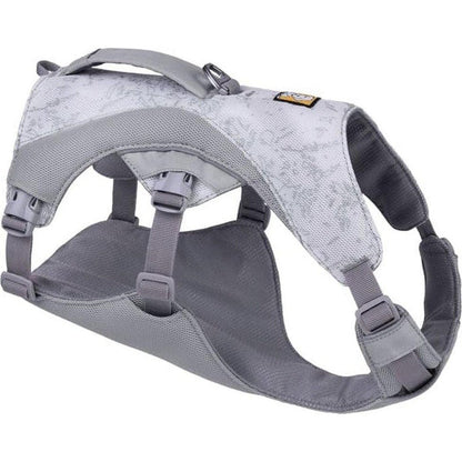 A front view of the Ruffwear Swamp Cooler Harness in Graphite Gray showing its padded straps and adjustable buckles against a white background.
