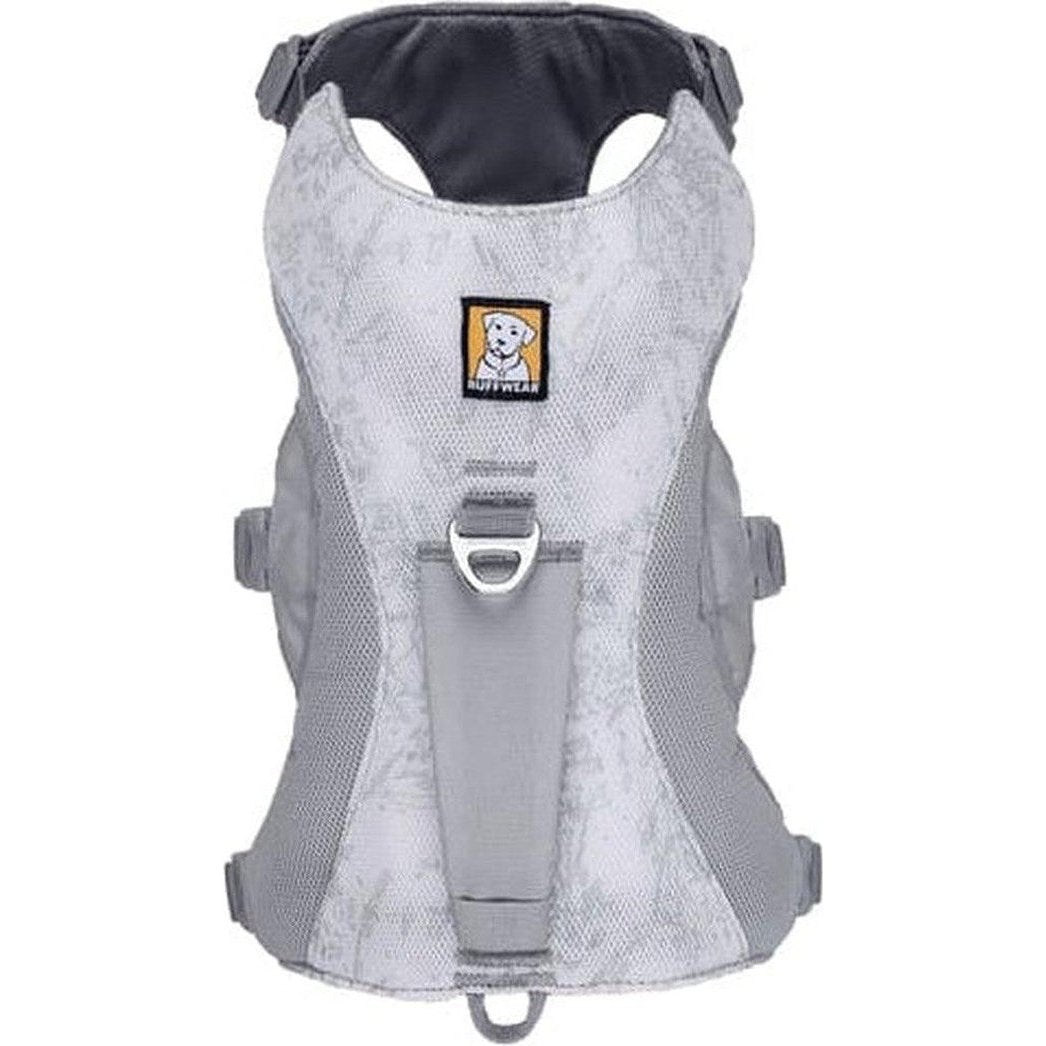 A front view of the Ruffwear Swamp Cooler Harness in Graphite Gray showing the front buckle and logo against a white background.