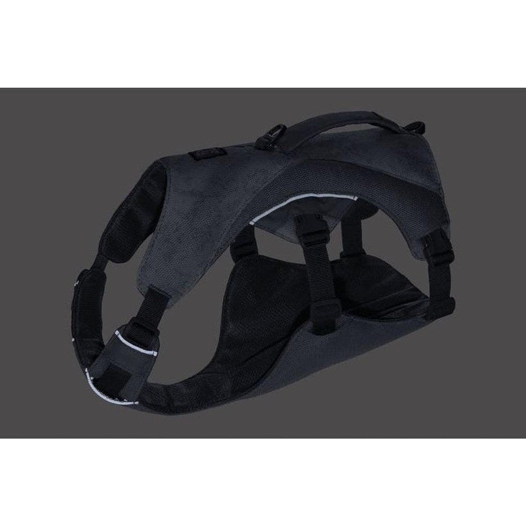 A front view of the Ruffwear Swamp Cooler Harness in Graphite Gray showing the padded chest and adjustable straps against a dark background.
