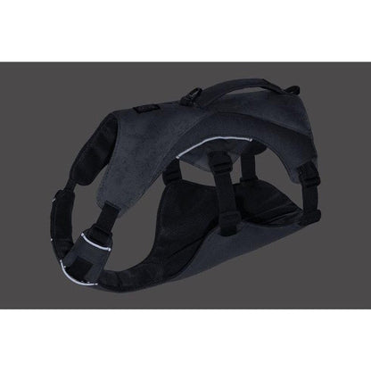 A front view of the Ruffwear Swamp Cooler Harness in Graphite Gray showing the padded chest and adjustable straps against a dark background.
