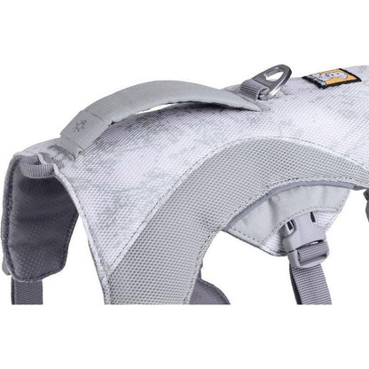 A close-up of the Ruffwear Swamp Cooler Harness in Graphite Gray showing the padded shoulder strap and buckle against a white background.