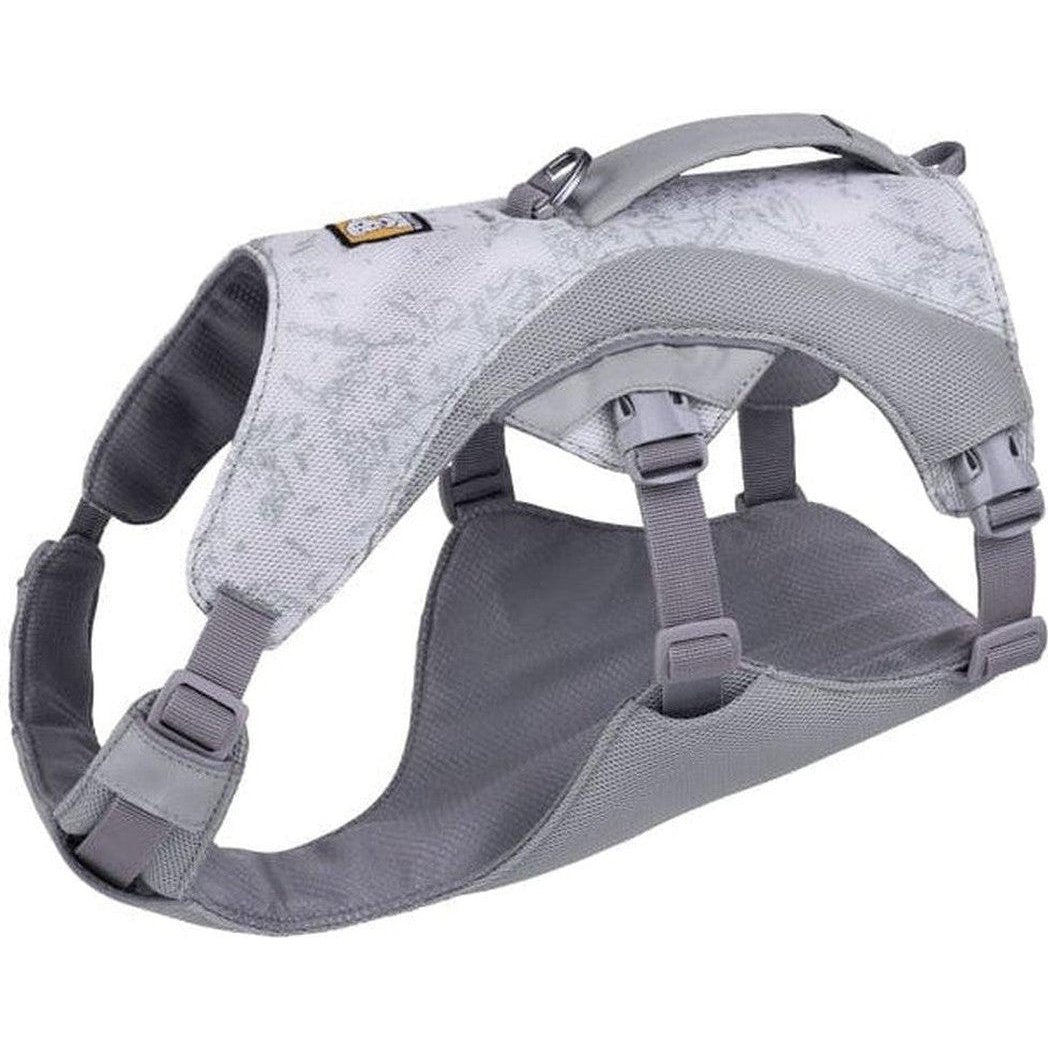 A side view of the Ruffwear Swamp Cooler Harness in Graphite Gray showing the padded chest and back panels against a white background.