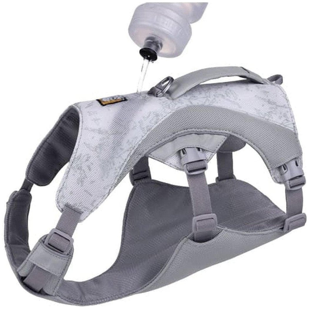 A front view of the Ruffwear Swamp Cooler Harness in Graphite Gray showing the water bottle attachment and gray straps against a white background.