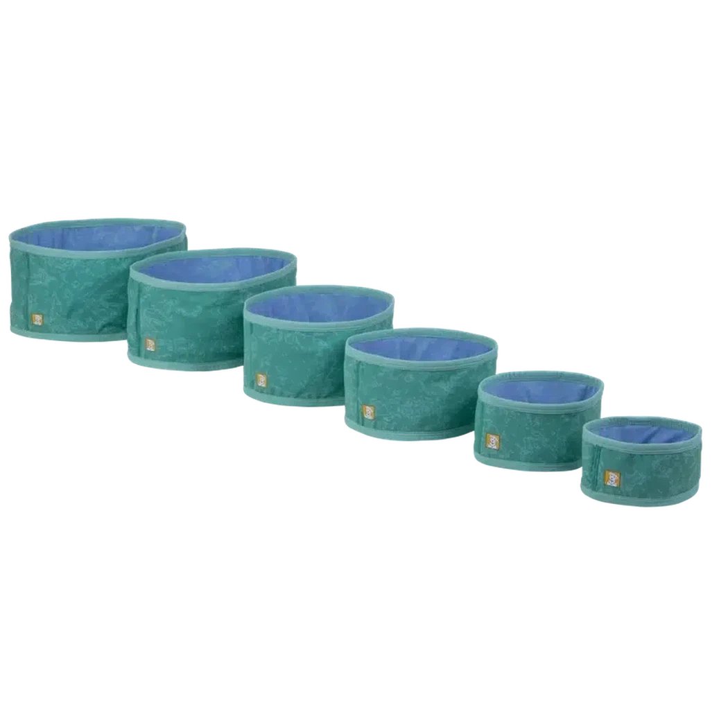 Six Ruffwear Swamp Cooler Neck Gaiters in AuroraTealPurpl arranged in a row from largest to smallest against a white background.