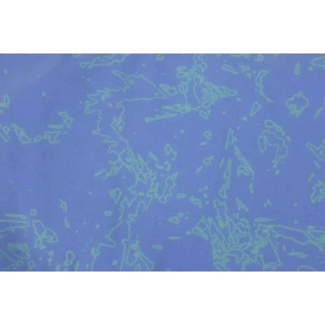 Neck gaiter in AuroraTealPurpl color with a blue background and green abstract patterns.