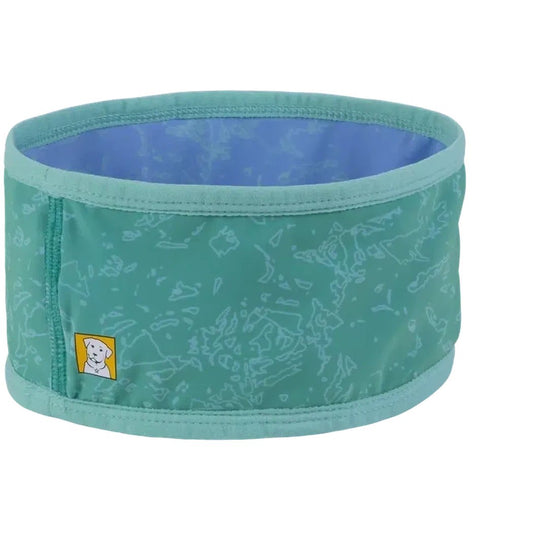 Side view of the Ruffwear Swamp Cooler Neck Gaiter in AuroraTealPurpl showing the blue interior and a small dog logo patch on the side.