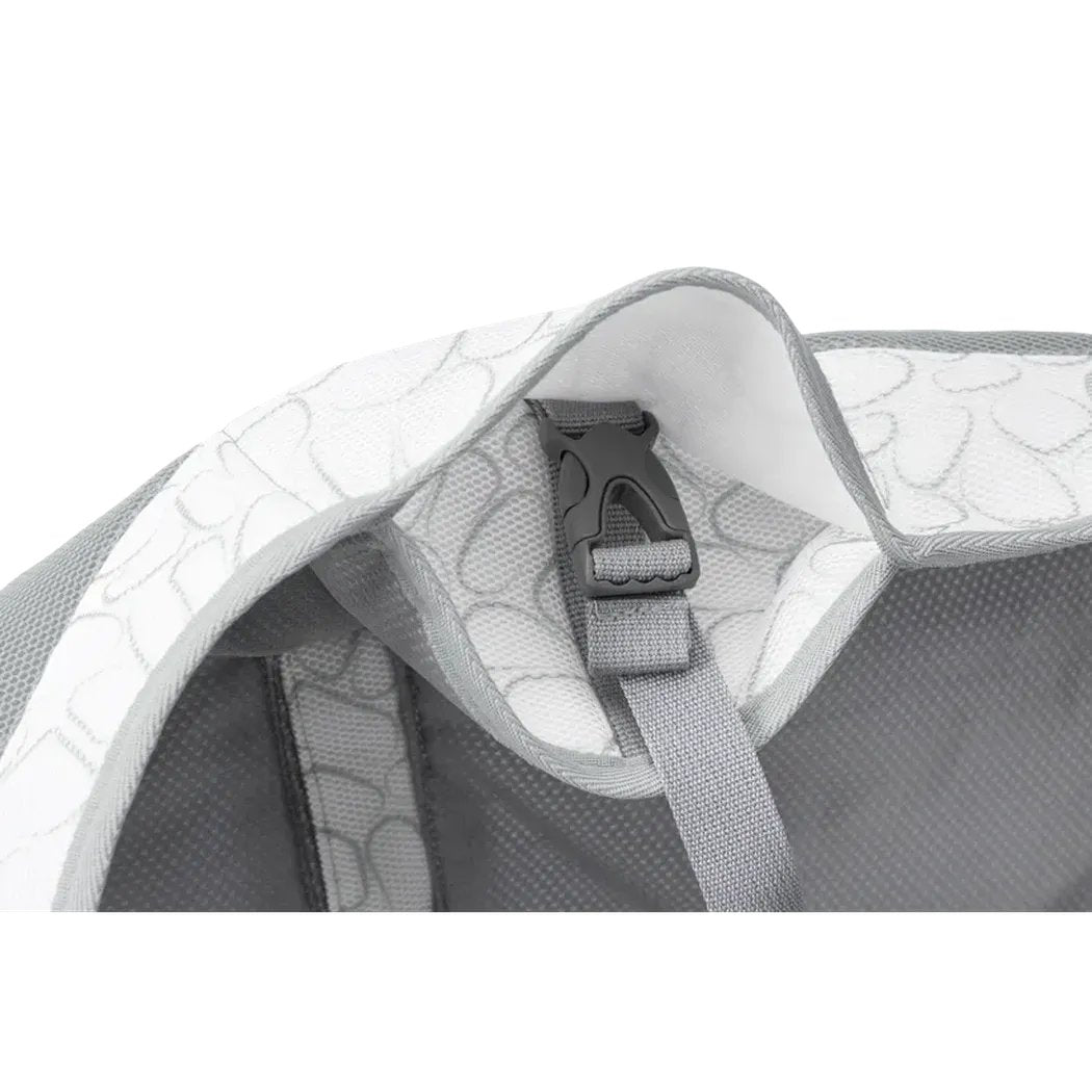 The Ruffwear Swamp Cooler Vest in Graphite Gray shows the adjustable buckle and mesh material against a white background.