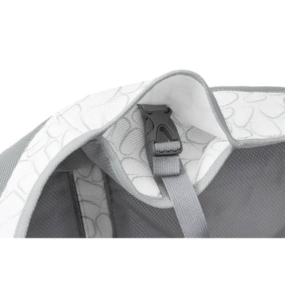 The Ruffwear Swamp Cooler Vest in Graphite Gray shows the adjustable buckle and mesh material against a white background.