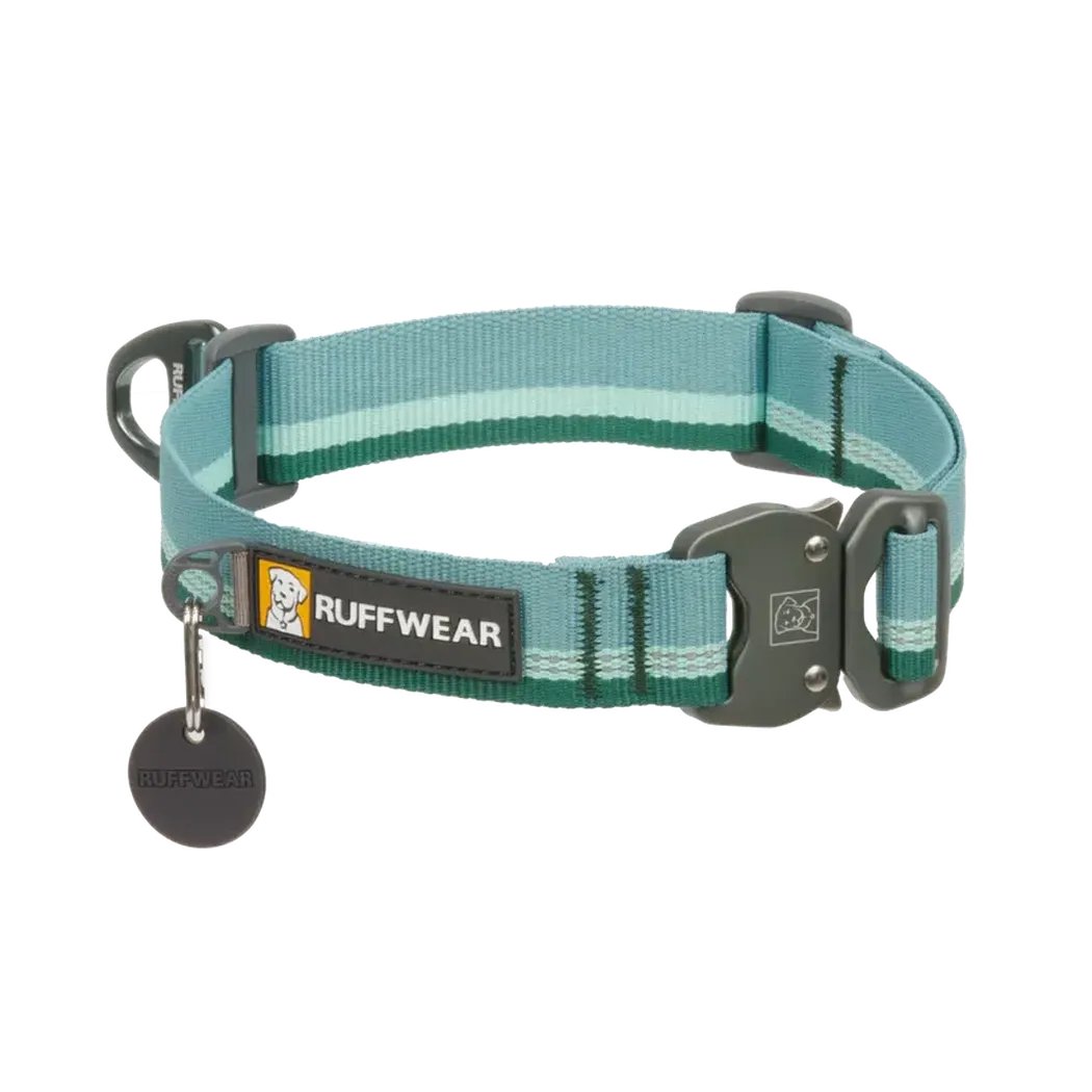 A side view of the Ruffwear Top Rope Collar in Sunset showing the buckle and tag against a white background.