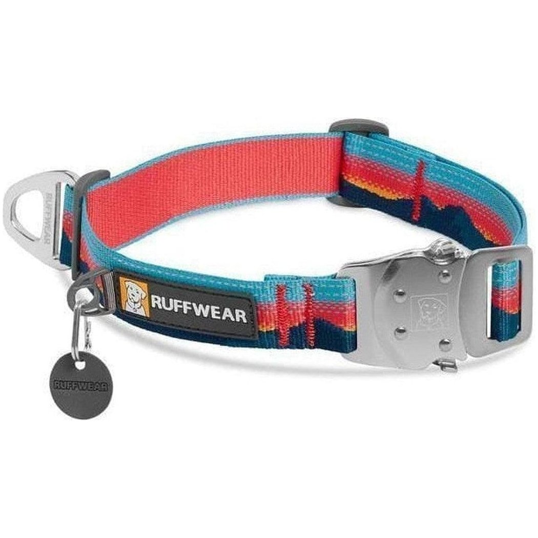 Side view of the Ruffwear Top Rope Collar in Sunset color showing the metal buckle and tag against a white background.