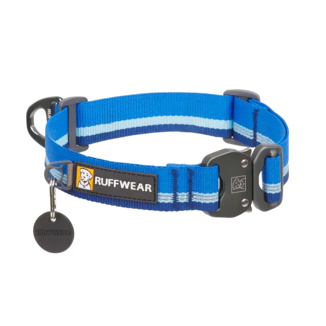 A blue Ruffwear Top Rope Collar with a black buckle and tag, shown against a white background.