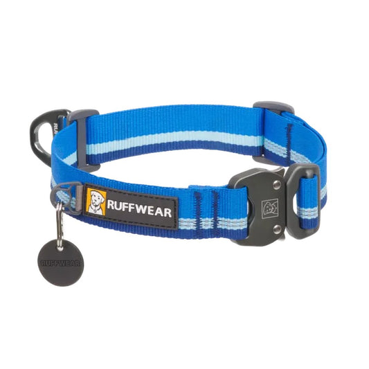 A blue Ruffwear Top Rope Collar with a black buckle and tag, shown against a white background.