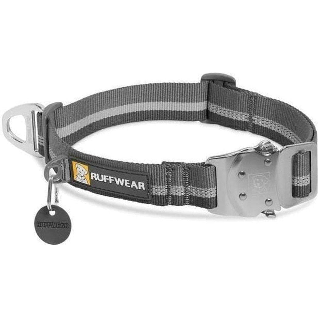 A side view of the Ruffwear Top Rope Collar in Sunset showing the metal buckle and tag against a white background.