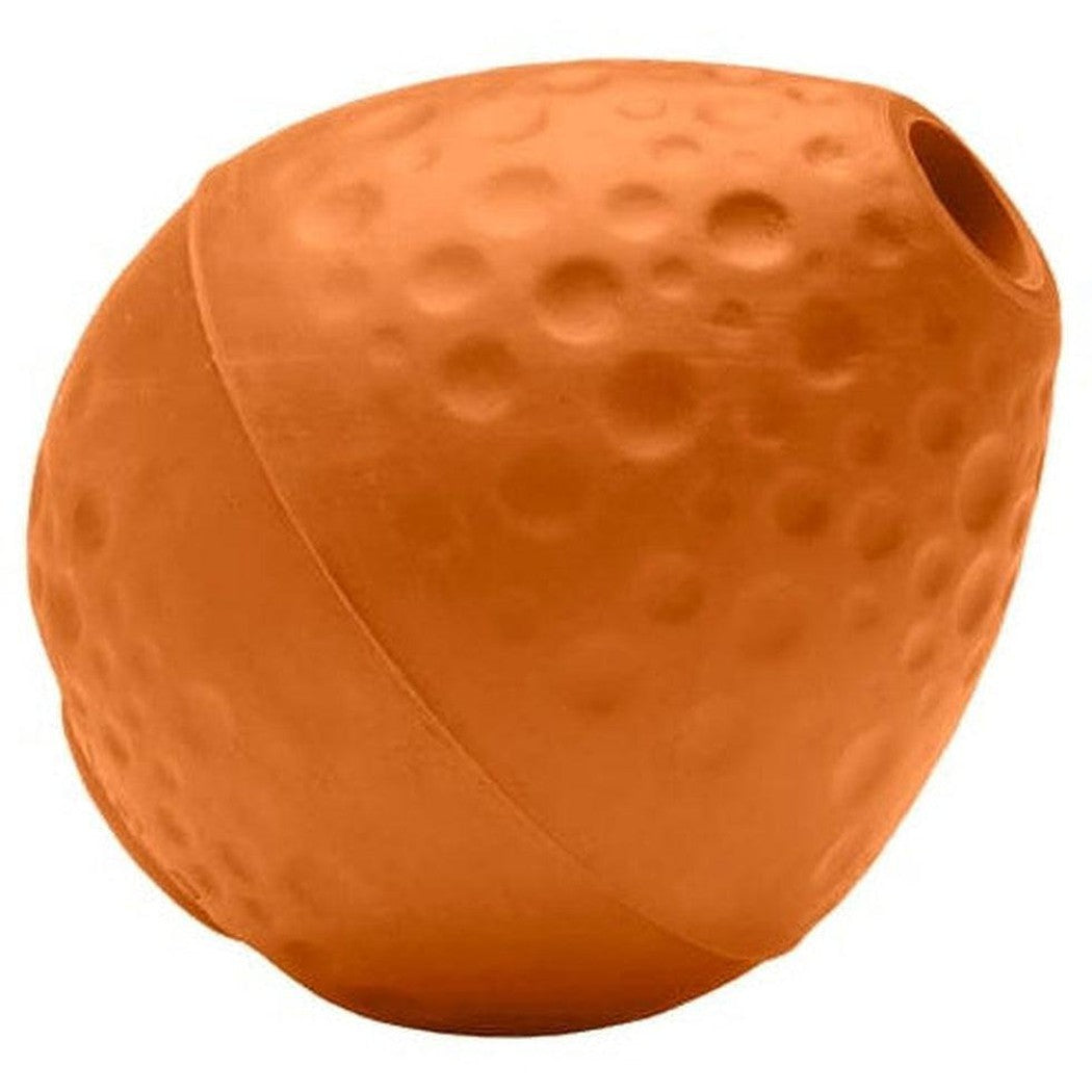 A side view of the Ruffwear Turnup Toy in Campfire Orange showing its textured surface and a hole on top against a white background.