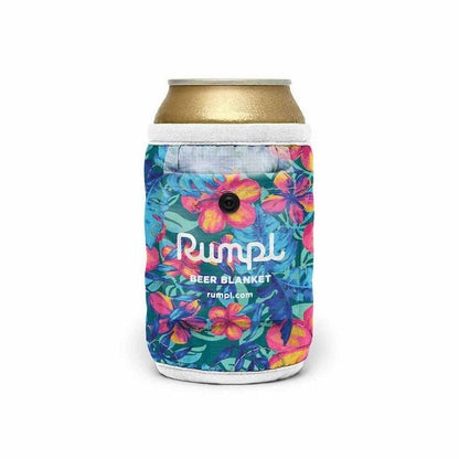 A front view of the Rumpl Beer Blanket in Baja Fade with a colorful floral design and a white top band.