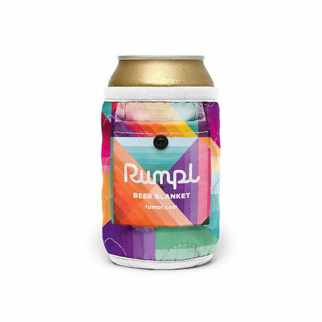 A front view of the Rumpl Beer Blanket in Baja Fade with a colorful geometric pattern and a black button on the front, set against a white background.