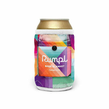 A front view of the Rumpl Beer Blanket in Baja Fade with a colorful geometric pattern and a black button on the front, set against a white background.