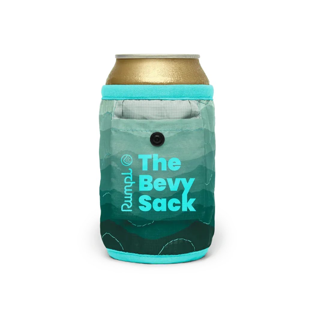 A front view of the Rumpl Bevy Sack in Baja Fade with a pocket and button, against a white background.
