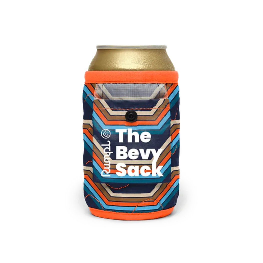 A front view of the Rumpl Bevy Sack in Baja Fade with an orange top and a pocket on the front, against a white background.