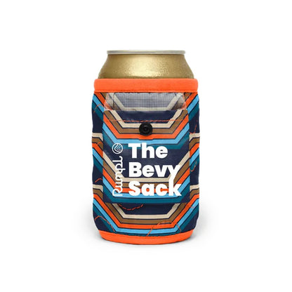 A front view of the Rumpl Bevy Sack in Baja Fade with an orange top and a pocket on the front, against a white background.