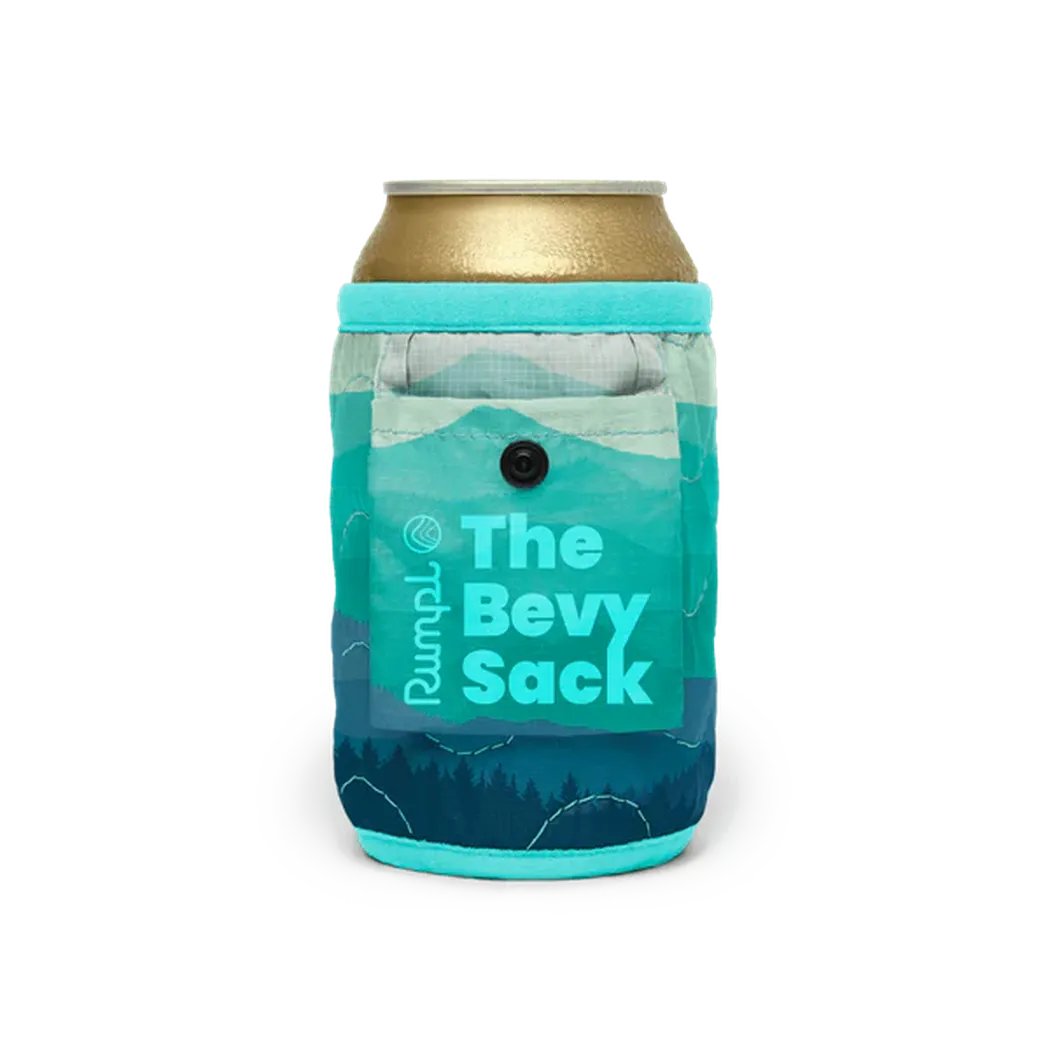 A front view of the Rumpl Bevy Sack in Baja Fade with a pocket and button, against a white background.