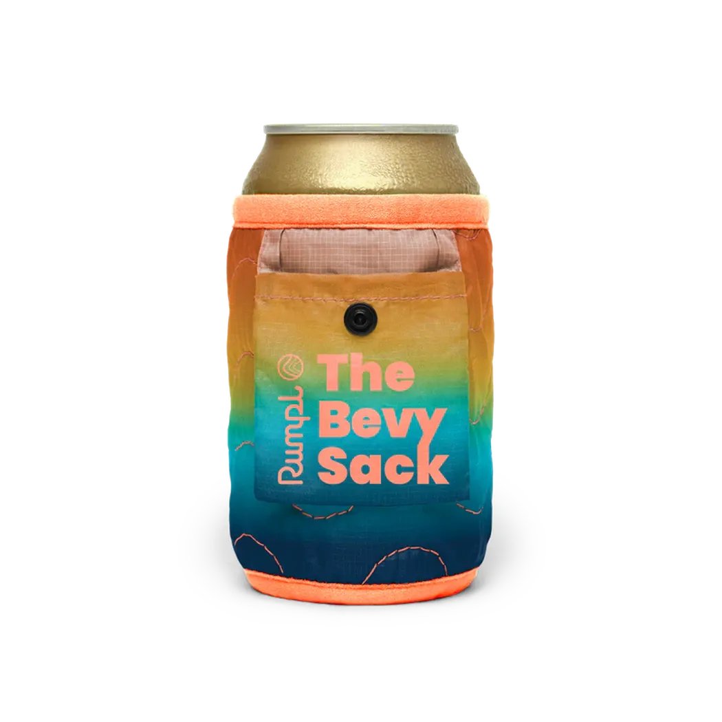 A front view of the Rumpl Bevy Sack in Baja Fade with a gold can inside against a white background.