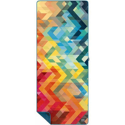 A close-up of the Rumpl Everywhere Towel in Geo color showing the colorful geometric pattern and a folded corner.