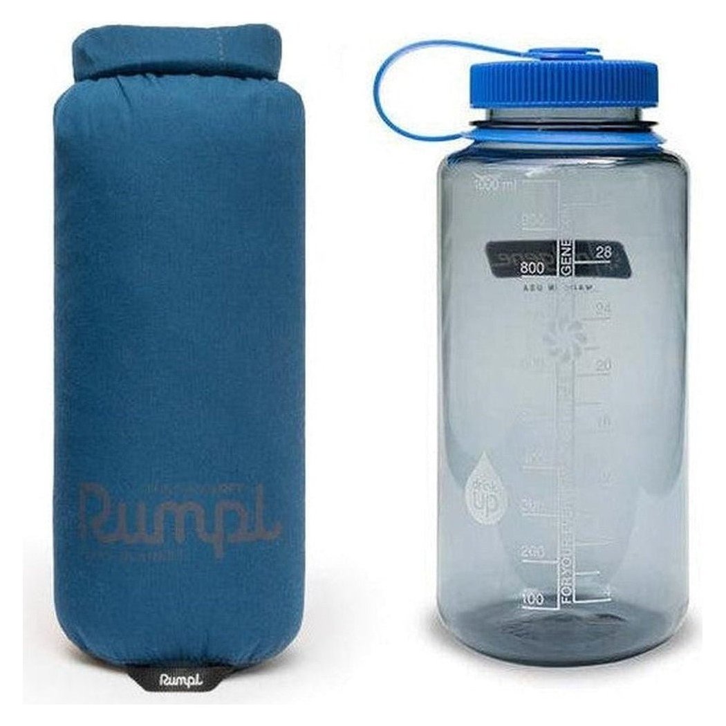 Side view of the Rumpl Nanoloft Puffy Flame Blanket in Deepwater with a black logo on the bottom, against a white background.