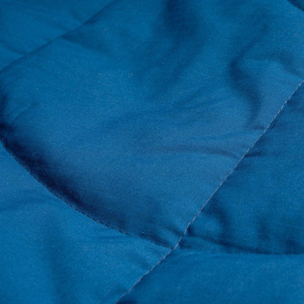 A close-up of the Rumpl Nanoloft Puffy Flame Blanket in Deepwater showing the stitching and fabric texture.