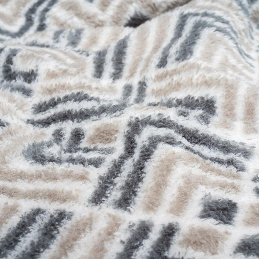 A close-up of the Rumpl Sherpa Fleece blanket in Kaleidoscope Stone showing its soft texture and pattern.