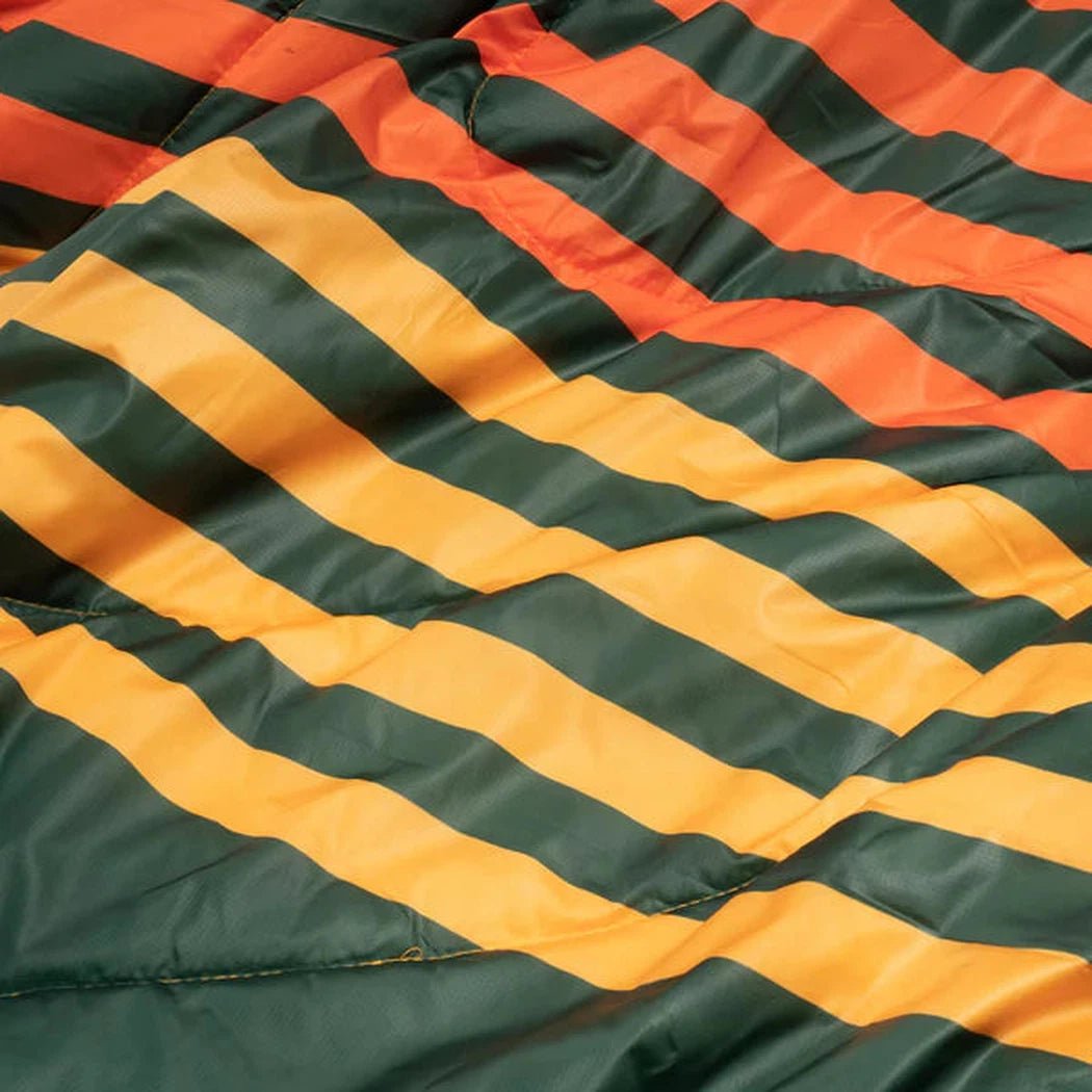 A close-up of the Rumpl Sherpa Puffy blanket in Deepwater color showing its striped pattern and soft texture.